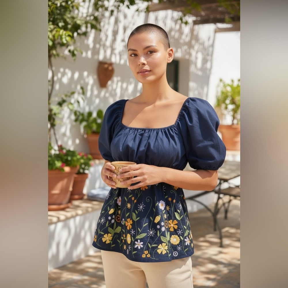 NWT MI GOLONDRINA Elena Top Otono Azul Blouse Navy‎ Embroidered M